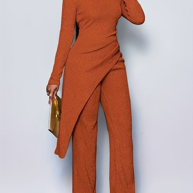 Women's Elegant Solid Color Fleece Ribbed Asymmetric Hem Top Paired with Flared Pants.