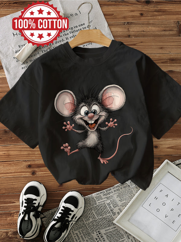 Women's Cotton Cartoon Mouse Graphic Print T-Shirt.