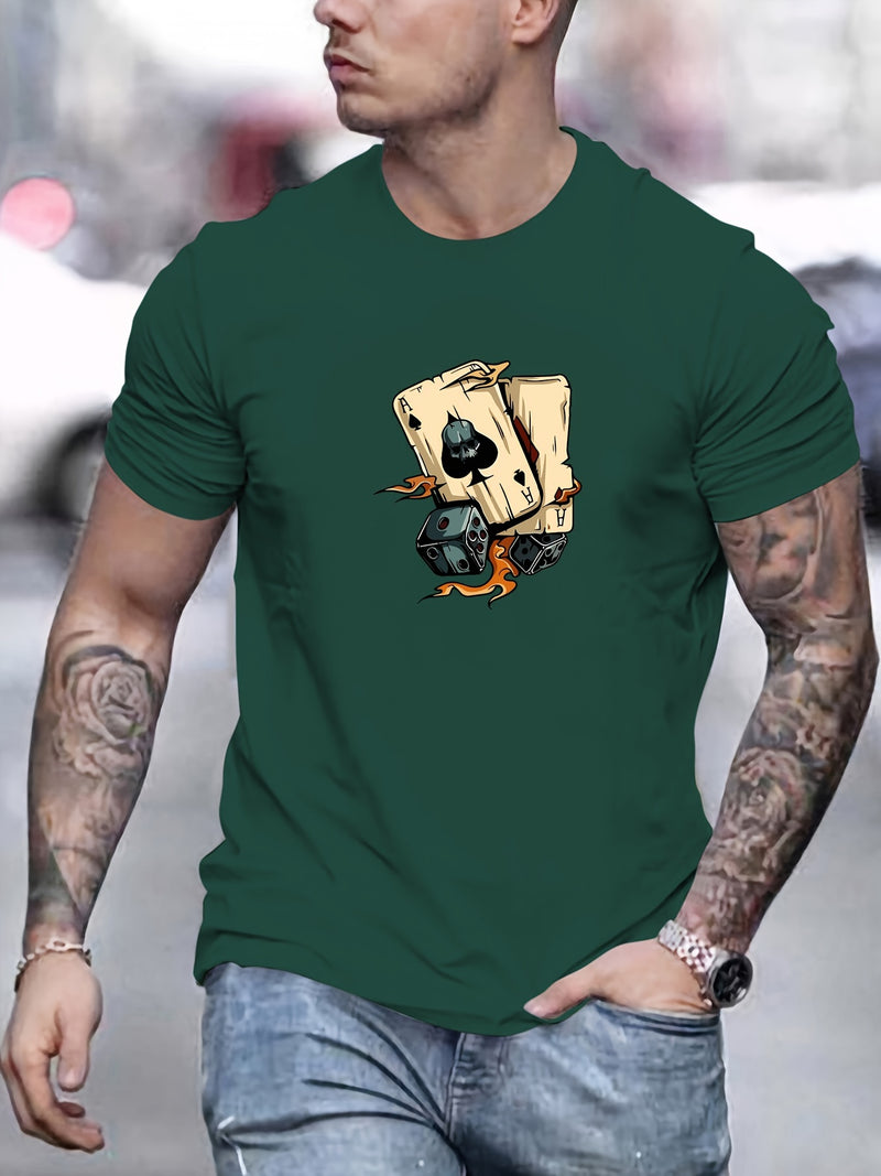 Men's Poker Card Pattern Summer Casual Crew Neck Short T-Shirt.