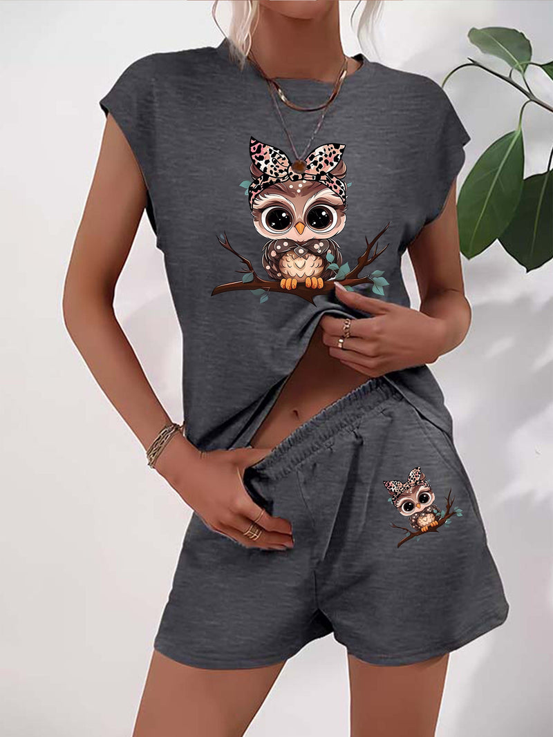 Women’s Graphic Print Two Piece Set, Short Sleeve T-shirt & Shorts.