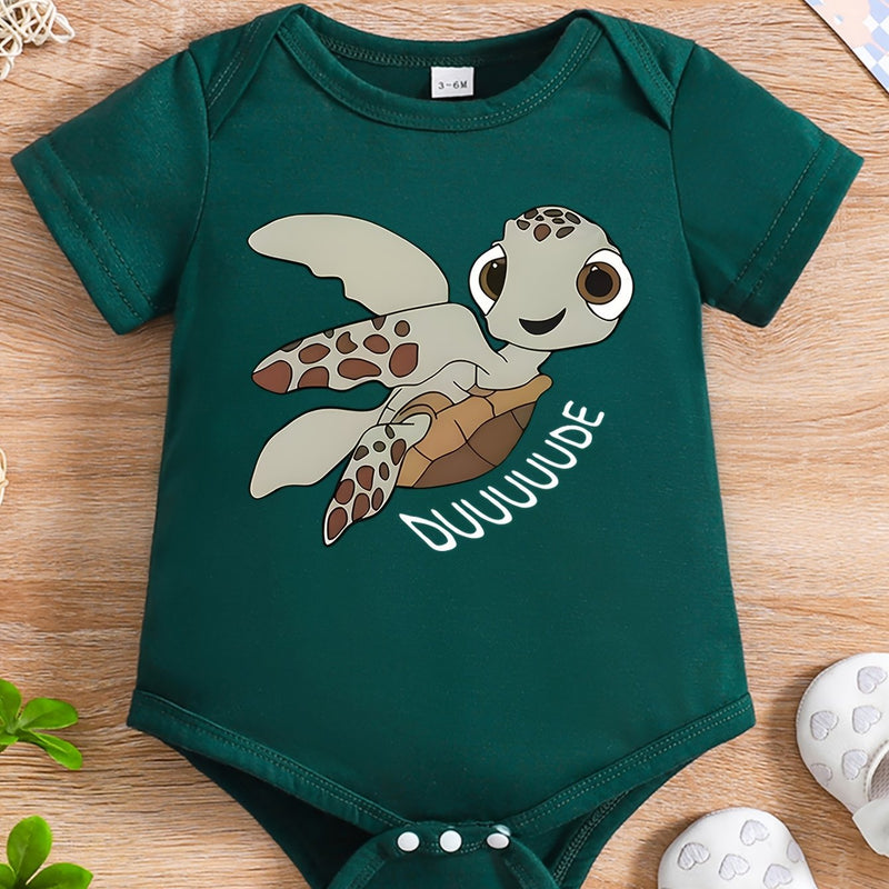 Baby Boy Summer Short-Sleeved Cartoon "Little Turtle" Print Romper, for Outdoor.