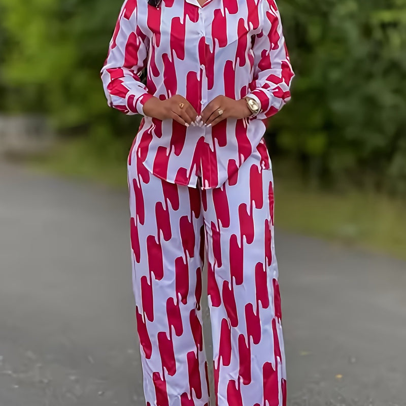 Women's Spring Summer Autumn Casual Button Long Sleeve Shirt Wide Leg Pants.