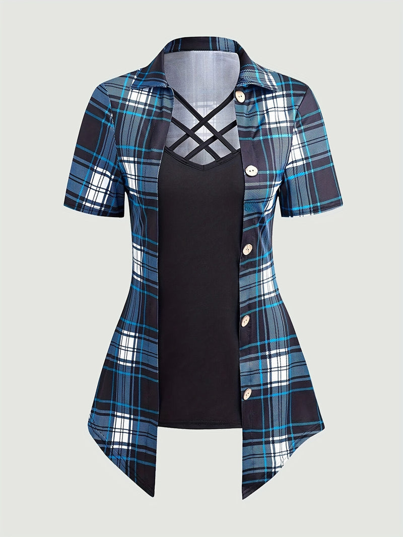 Casual Short Sleeve Crisscross Neck Asymmetric Hem Top Women's Clothing.