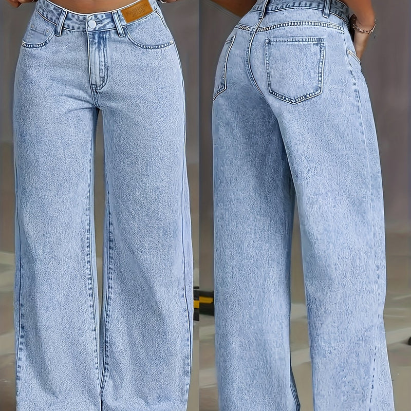 Women's Distressed Snowflake Washed Loose Straight-Leg Jeans.
