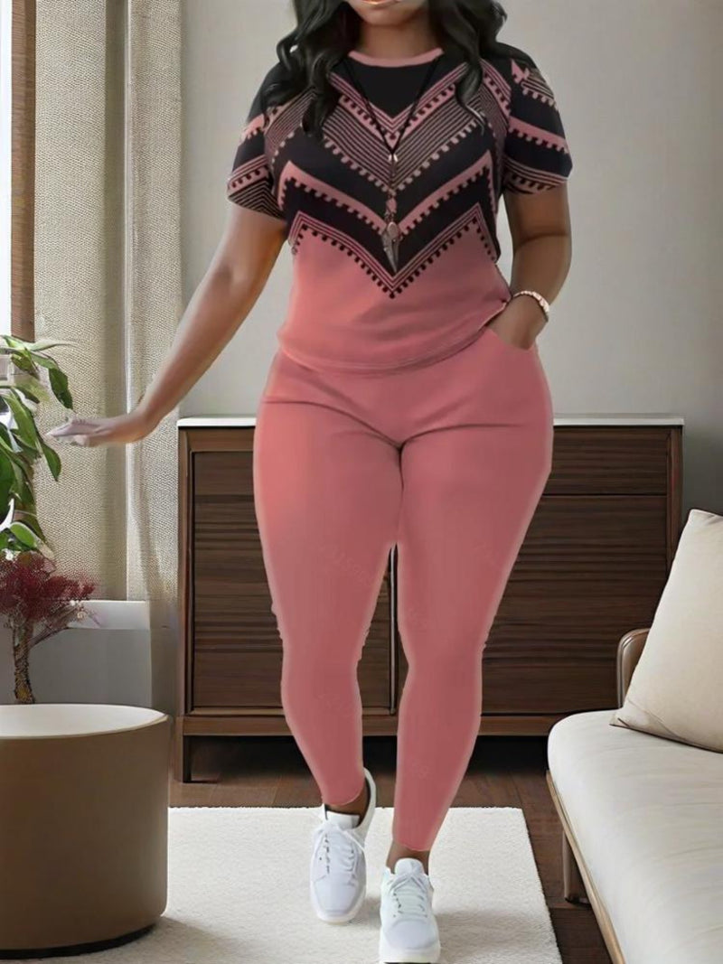 Women's Short-Sleeve Round-Neck Top And Long Pants.