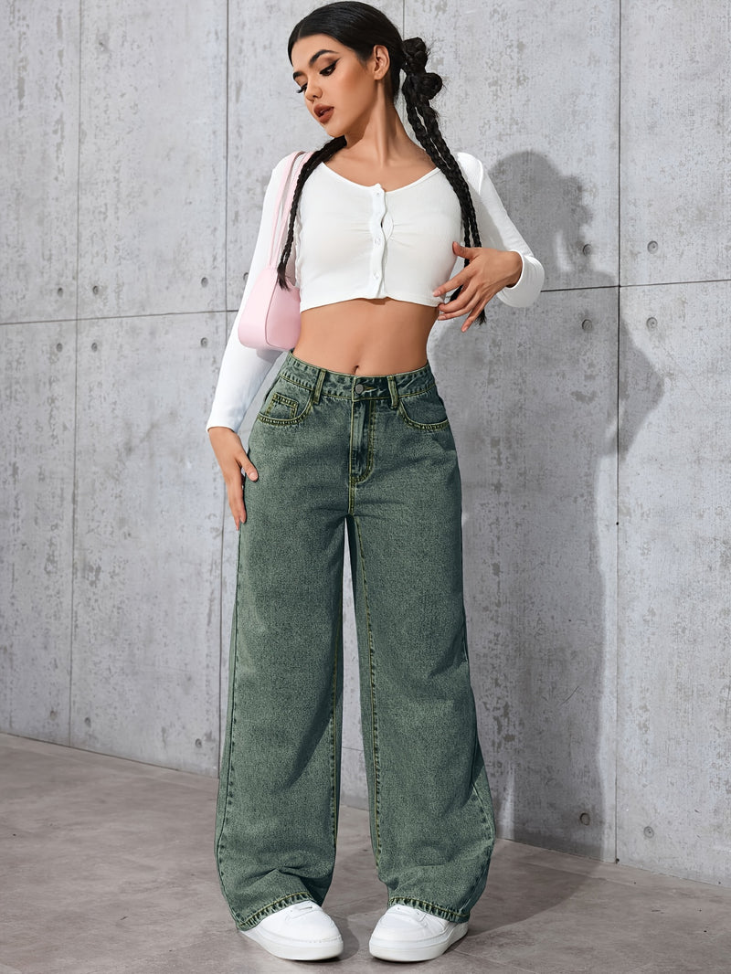 Women's High-Waisted Simple Versatile Distressed Wide Leg Jeans.