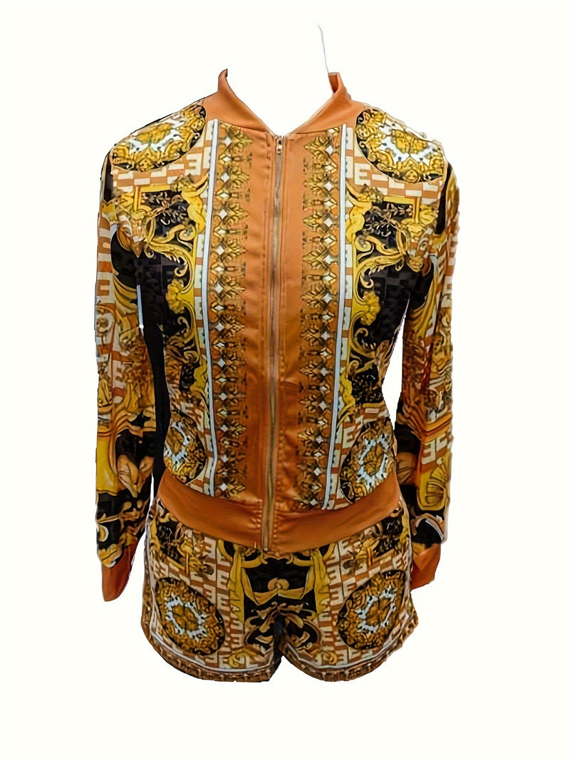 Women’s Floral Print Elegant Shorts Set, Long Sleeve V-neck Zip Up Jacket.