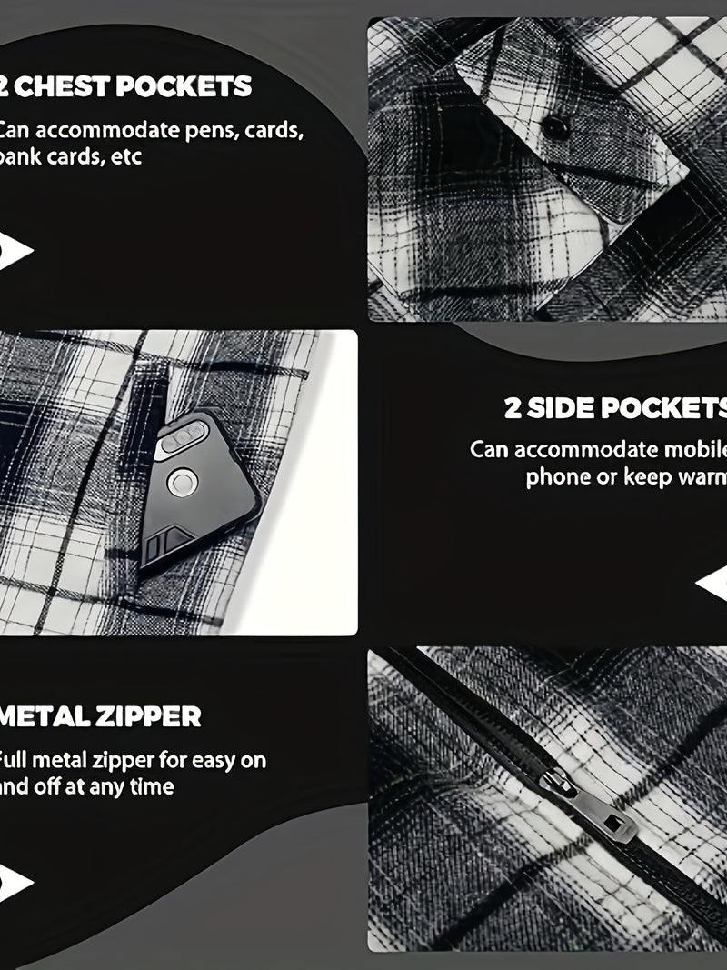 Men's Warm Jacket with Sherpa Lining, Plaid Hooded Zip-Up Winter Coat.