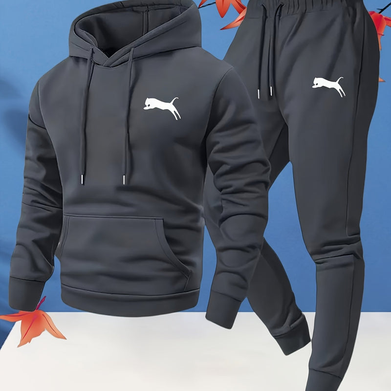 Fashion Versatile Warm 250gsm Hooded Sweatshirt + Pants Two-Piece Set for Men.