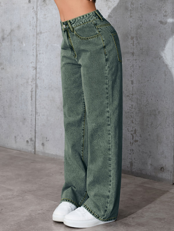Women's High-Waisted Simple Versatile Distressed Wide Leg Jeans.