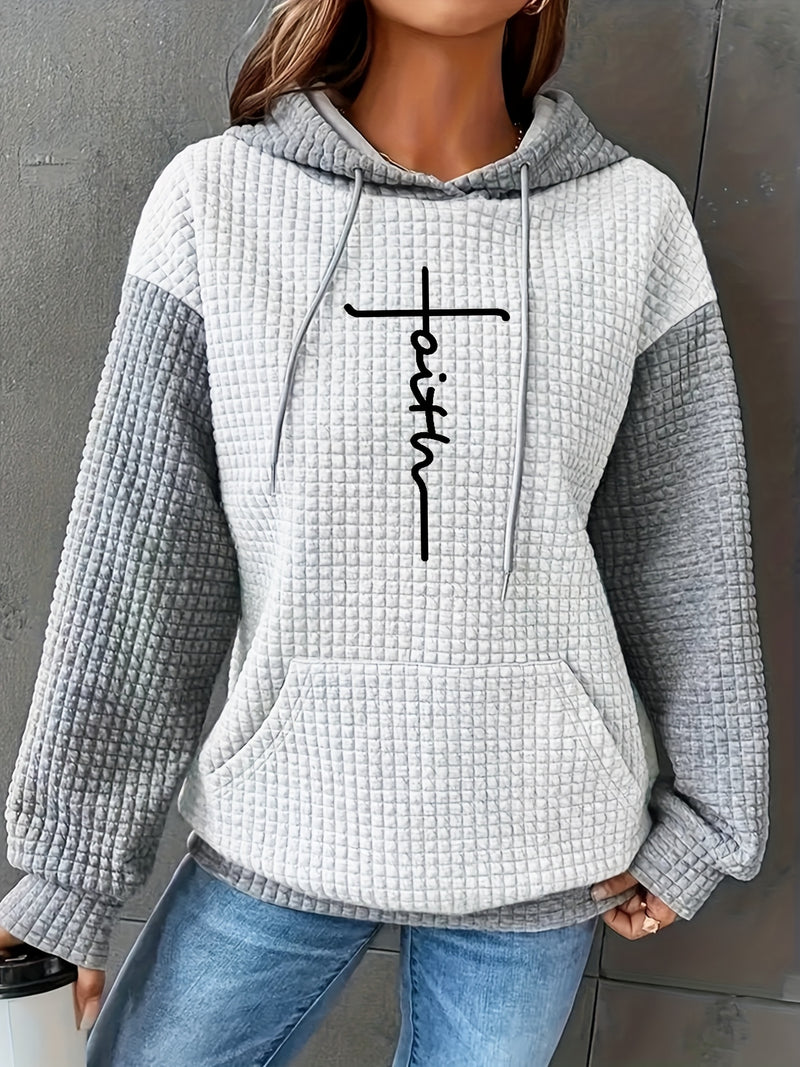 Women's Casual Oversized Hoodie with Checkered Texture & Letter Print.