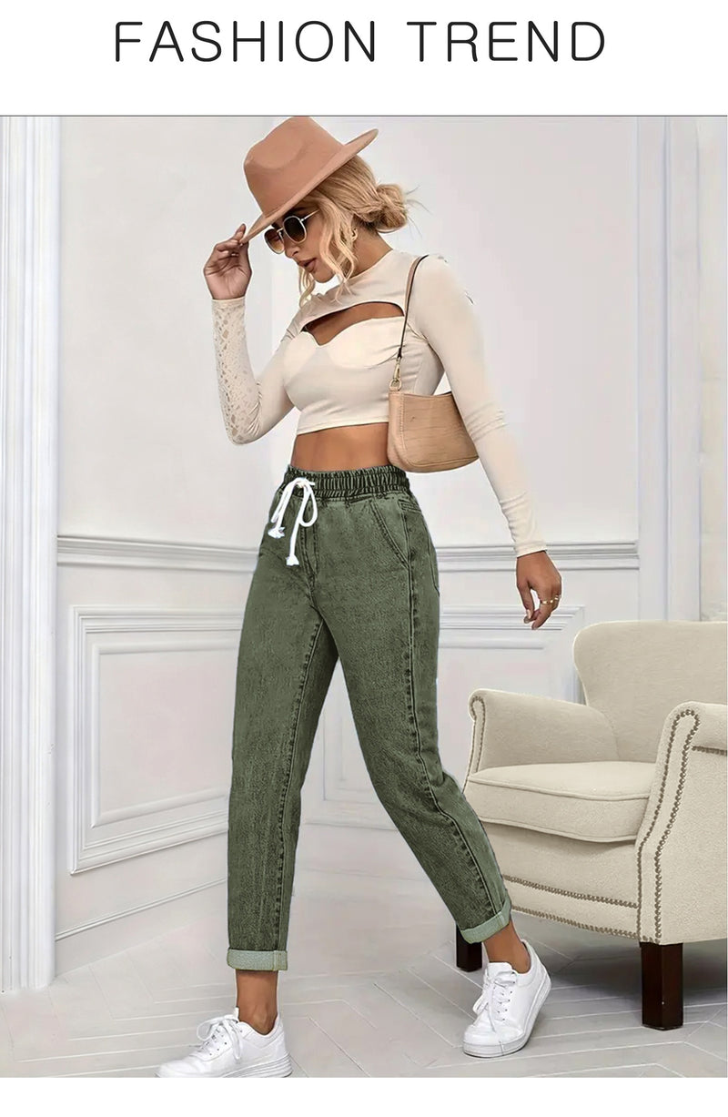 Women's stretch elastic waist drawstring slim fit jeans.