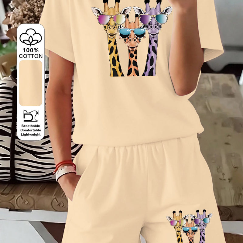 Women's Three-piece Fashionable Giraffe Print Short-sleeve Top and Shorts.
