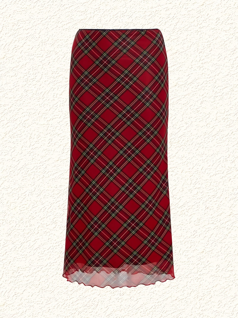 Women's Spring/Summer Floral Ruffle Hem Midi Skirt with Plaid Print.