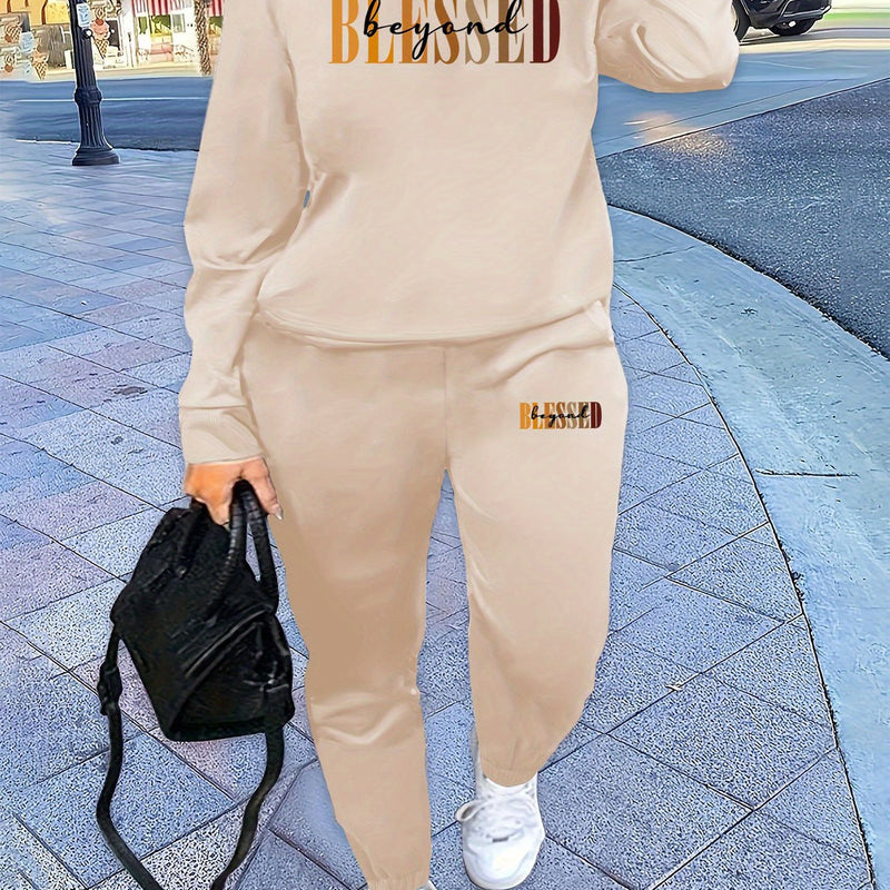 Women’s Letter Print Two Piece Set, Crew Neck Sweatshirt & Pants.