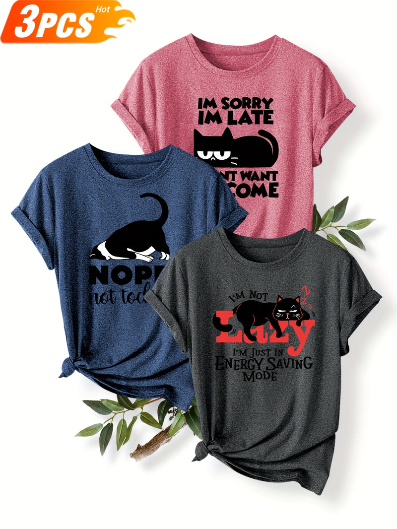 3pcs Women’s Featuring a Round-Neck Short-Sleeve T-Shirt.