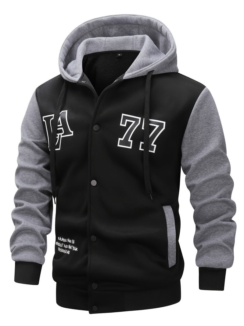 Men's Color Blocking Letters Pattern Hooded Baseball Jacket, Casual Stylish Outdoor.