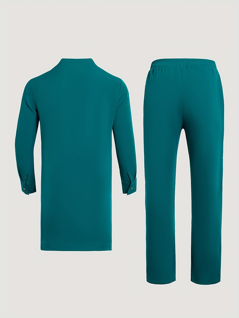 Men's Dashiki Set, Long Sleeve, Stand Collar, Button-Up, Pockets.