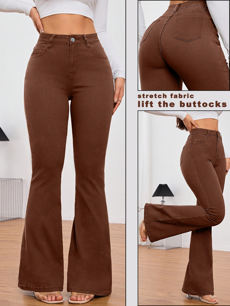 Coffee Brown Fashionable Elegant Women's Flared Jeans.
