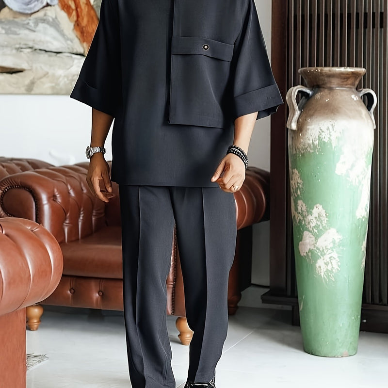 Men'S Suit, Short-Sleeved Top, Round Neck, Fake Pocket Design.