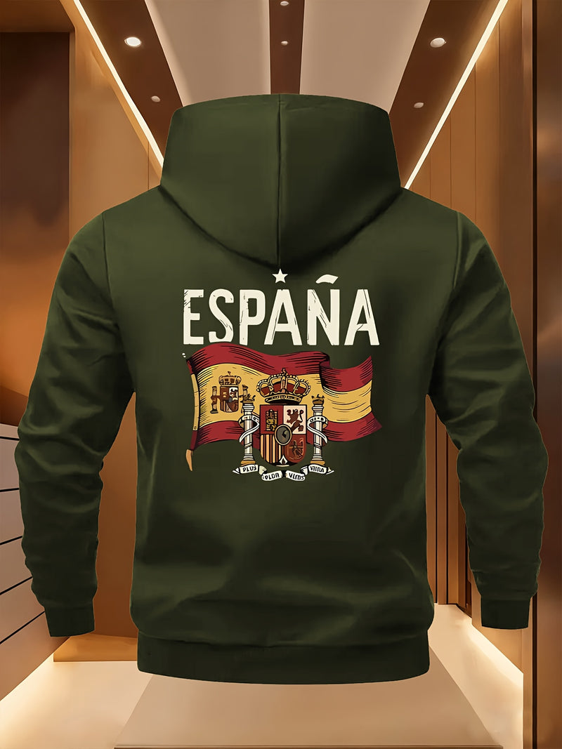 Men's Spanish Flag & Spain Lettering Print Hooded Jacket.