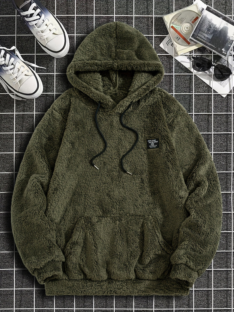 Men’s Solid Color Plush Hooded Sweatshirt.