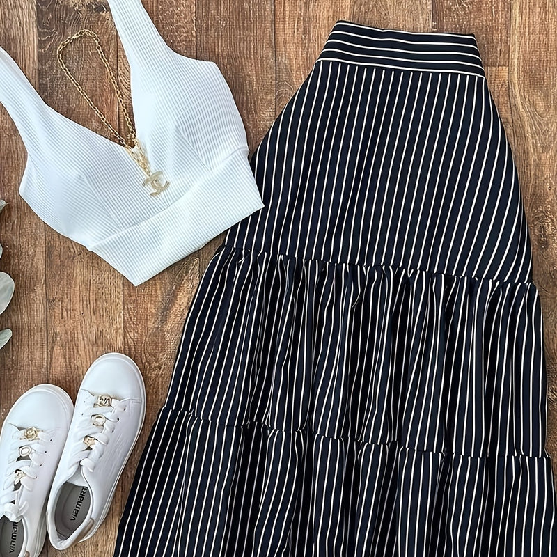 Women’s Strappy Tank Top + High-waisted Pleated Loose Tiered Cake Skirt.