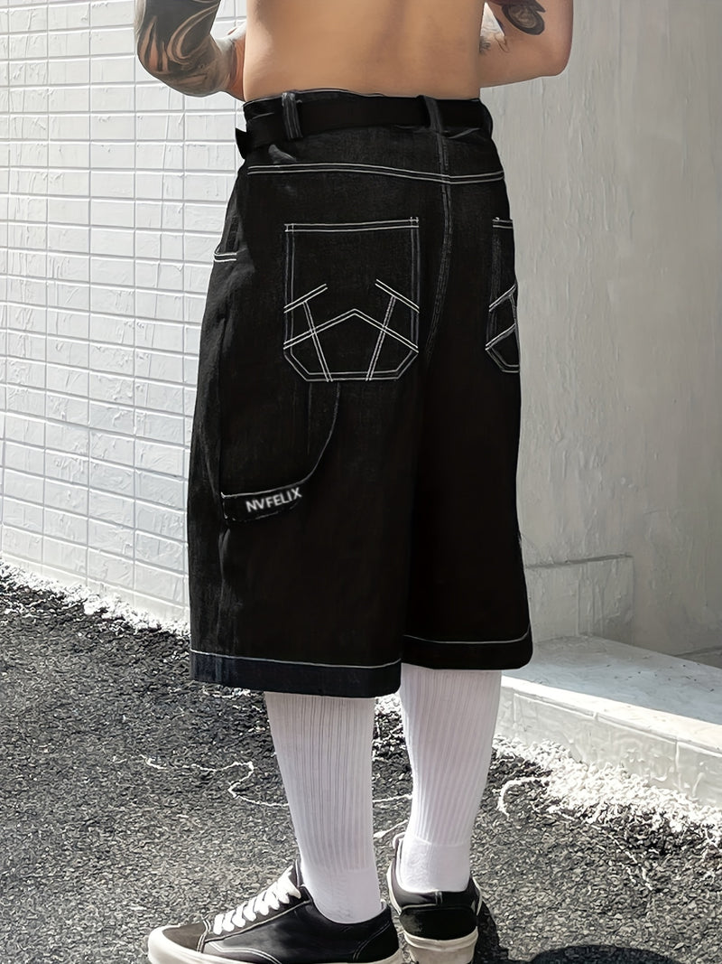 Men's American Embroidery Loose Fit Knee-Length Denim Shorts - Streetwear Style.