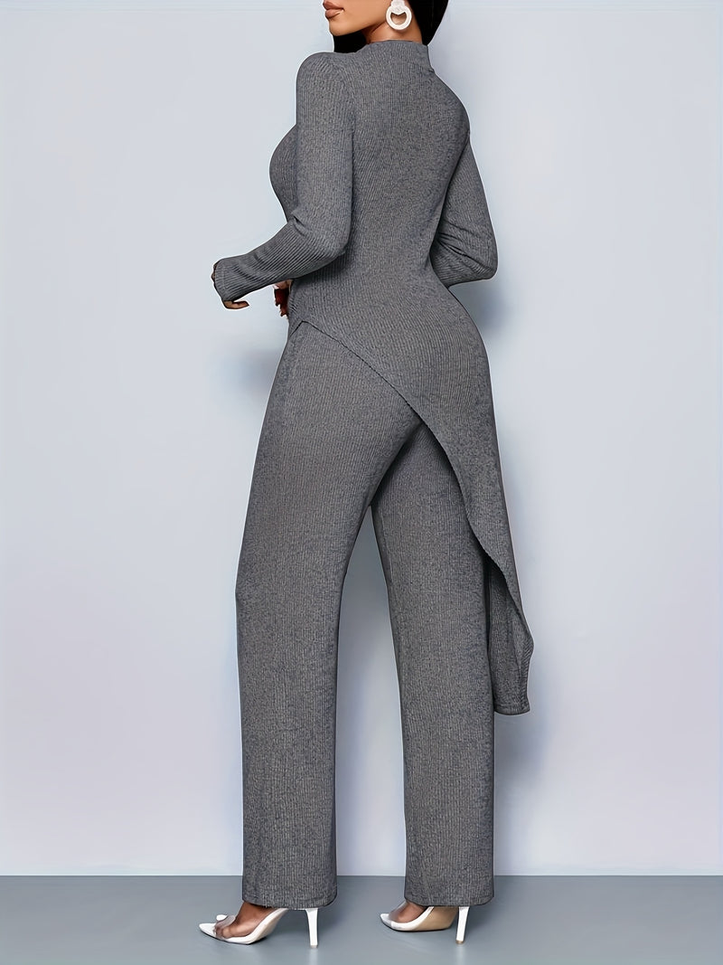 Women's Elegant Solid Color Fleece Ribbed Asymmetric Hem Top Paired with Flared Pants.