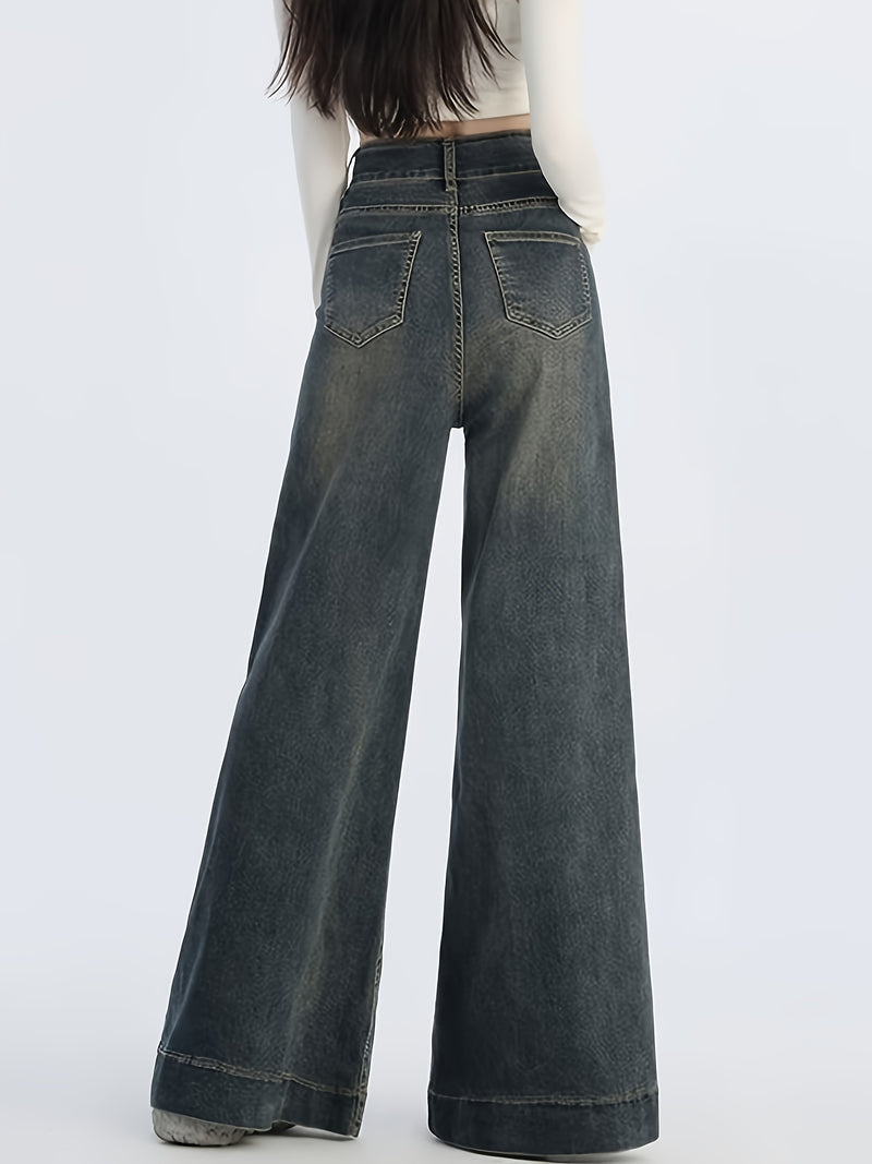 Double Button Jeans - Women's Low-Rise Wide Leg Denim.