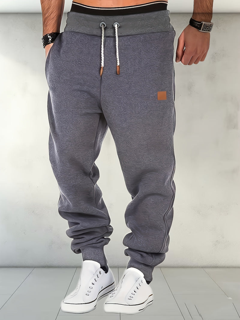 Men's Solid Color Loose Sports Pants, Micro Elastic Warm Thick Casual Pants.