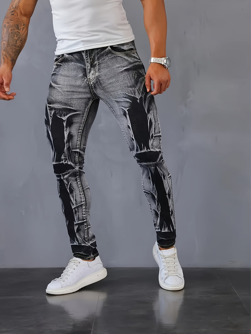 Men's Slim-Fit Stretch Denim Jeans with Irregular Tie-Dye Design.