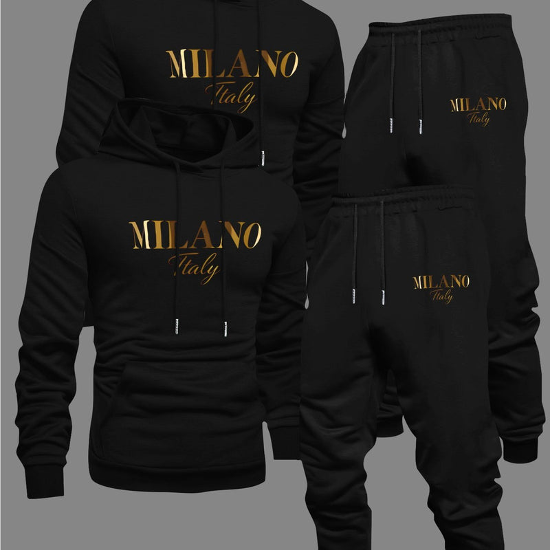 Men's Fashion Slogan Hoodie Four-Piece Set with Drawstring Elastic.