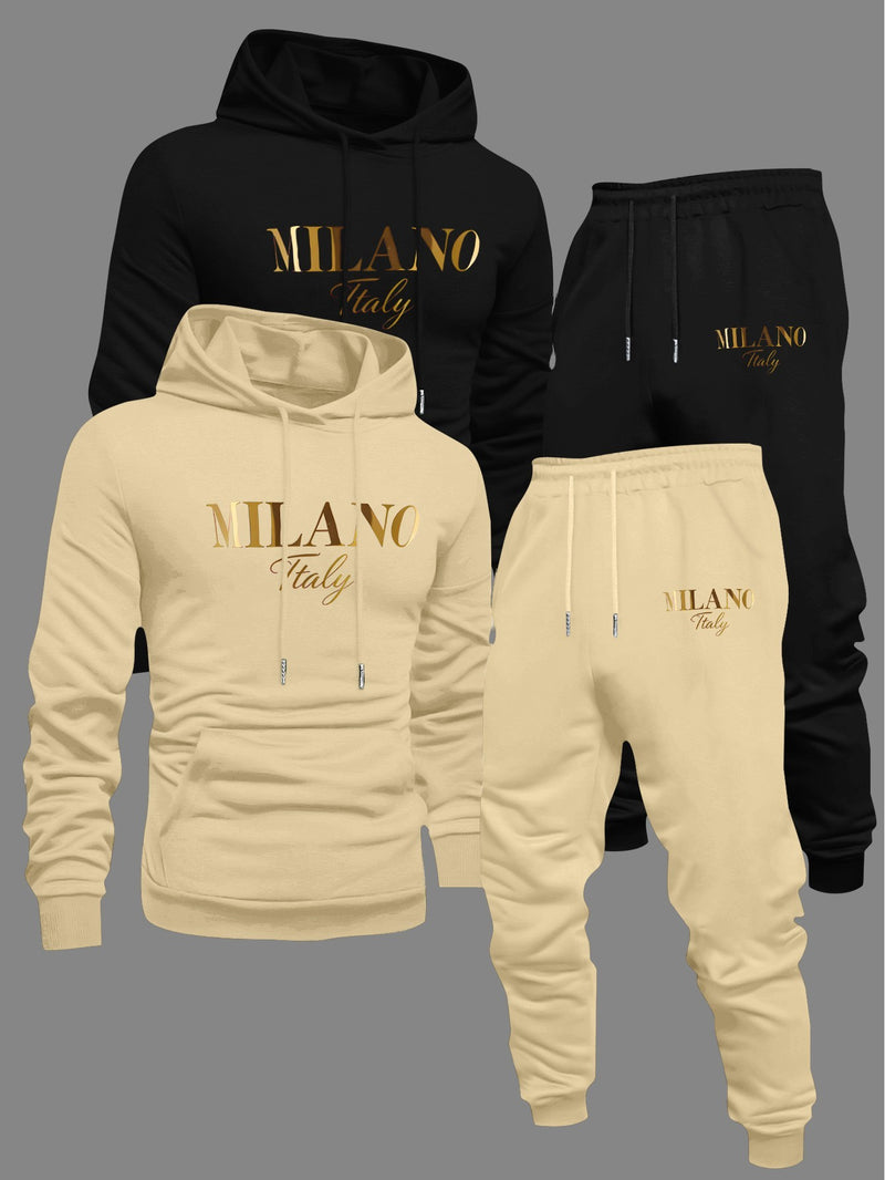 Men's Fashion Slogan Hoodie Four-Piece Set with Drawstring Elastic.
