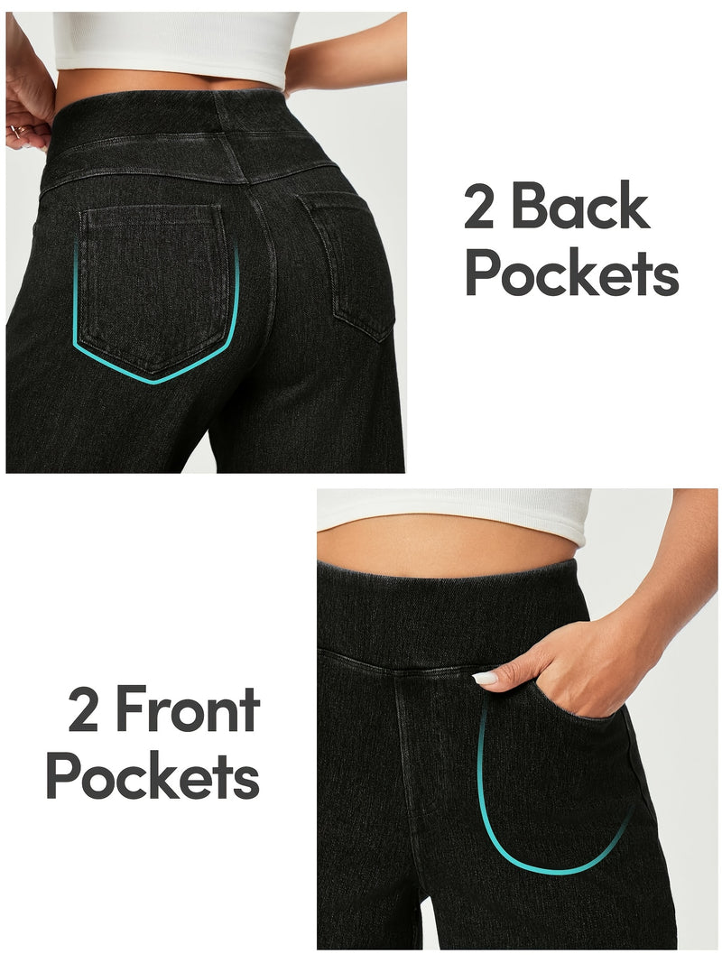 Black Trendy Elastic Waist Straight-Leg Flared Jeans for Women.