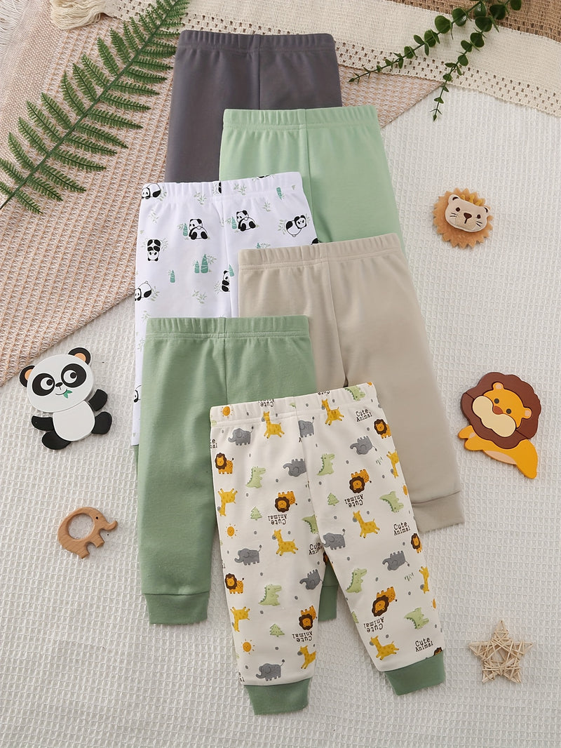 Six-Piece Set of Comfortable Cartoon Panda And Lion Print Long Pants for Baby.