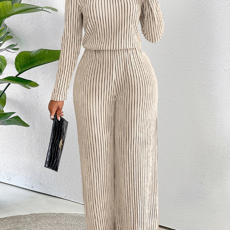 Women's Casual Elegant Long Sleeve Wide Leg Body Suit with Clavicle Collar.