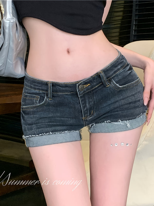 Hot Low-Rise Ultra-Short Women's Sexy Slim-Fit Fitted Raw- Denim Shorts Hot Pants.