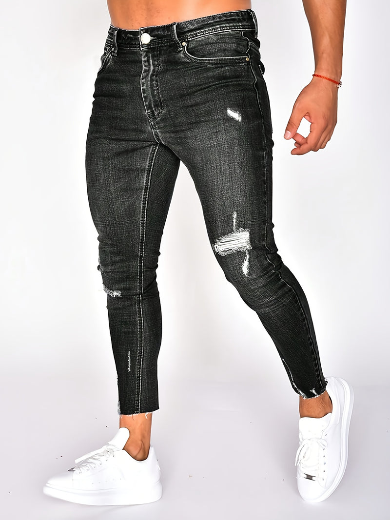 Men's Slim-Fit Jeans - Dark Washed Stretchy Denim with Distressed Details.