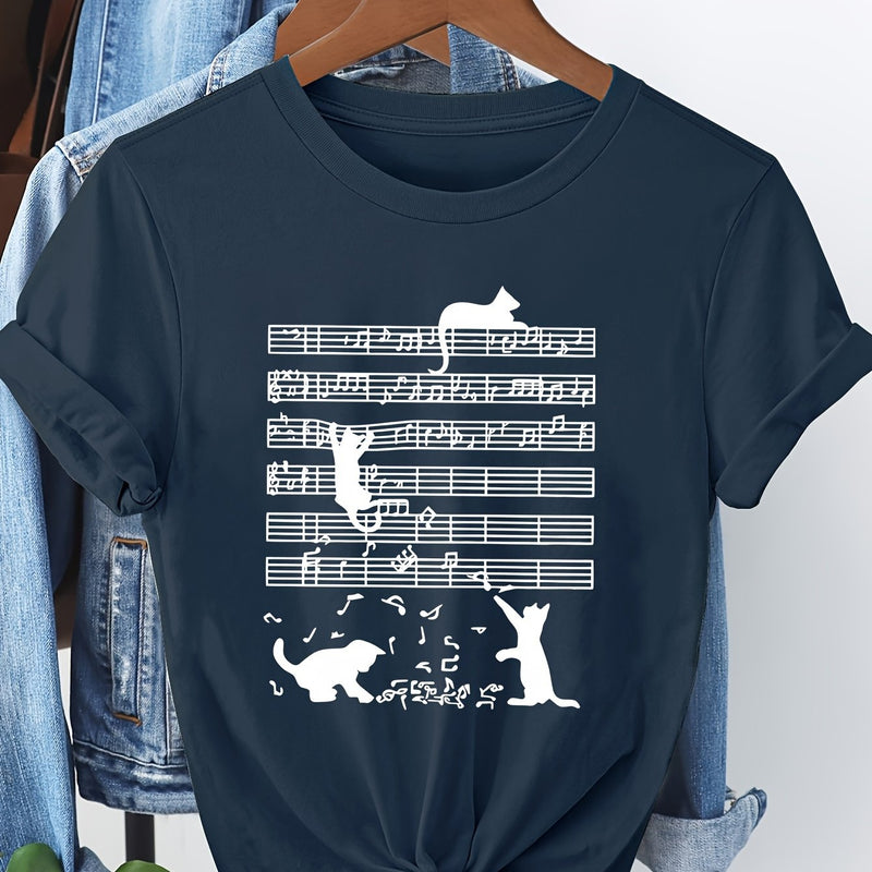 Women's Casual Short Sleeve T-Shirt with Music Note & Cat Print.