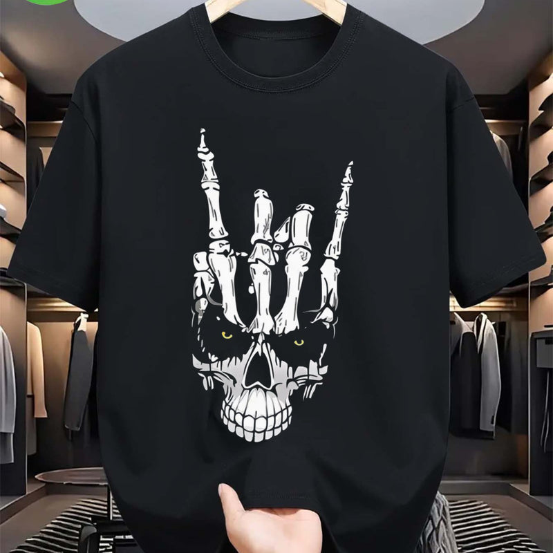 Vibrant Skull Hand Print Crew Neck Tee Shirt.