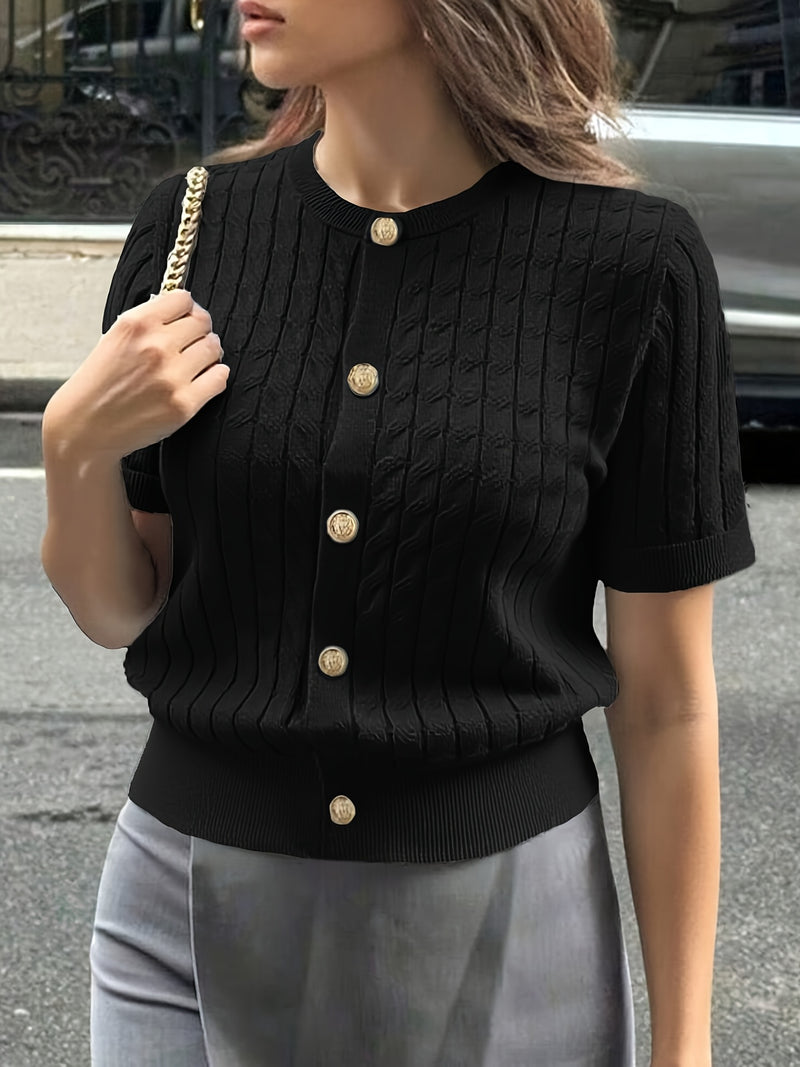 Women's Button-Front Solid Color Cable Blouse.