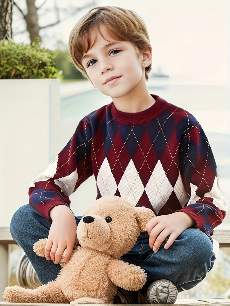 Boys Knit Sweater - Long Sleeve School Sweater in Burgundy.