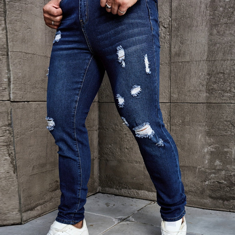 Men's Skinny Ripped Jeans Medium Stretch, Solid Color, All-Season Fit.