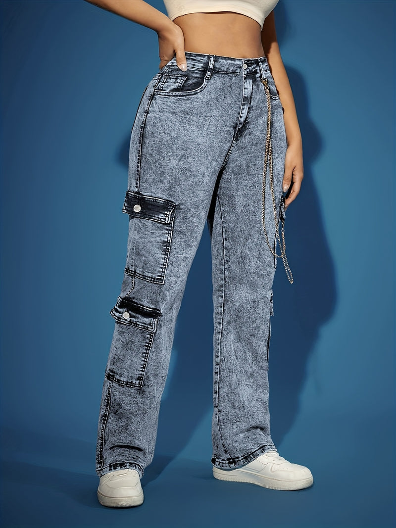 Women's High-Waisted Stretch Denim Cargo Pants.