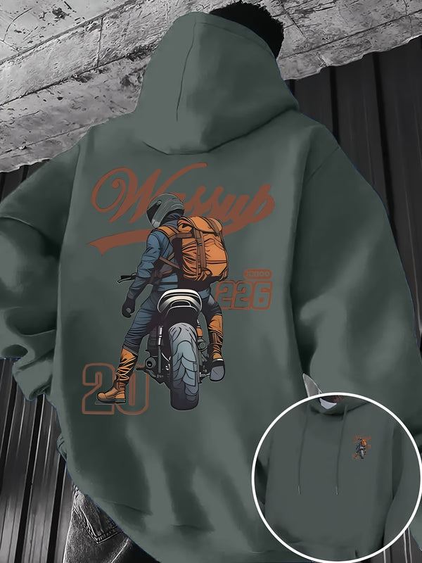 Men's Blue Motorcycle Graphic Hoodie.