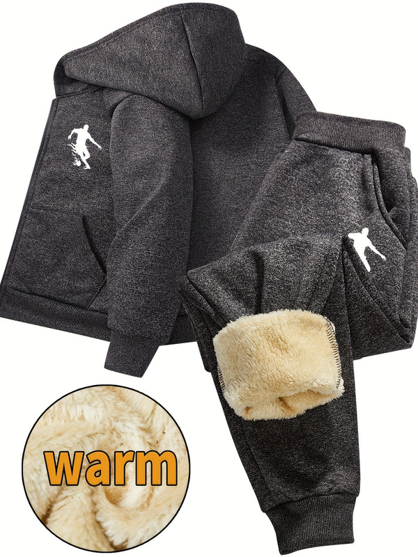 Boys Thick Plush-Lined Zip-Up Jacket + Pants Set.