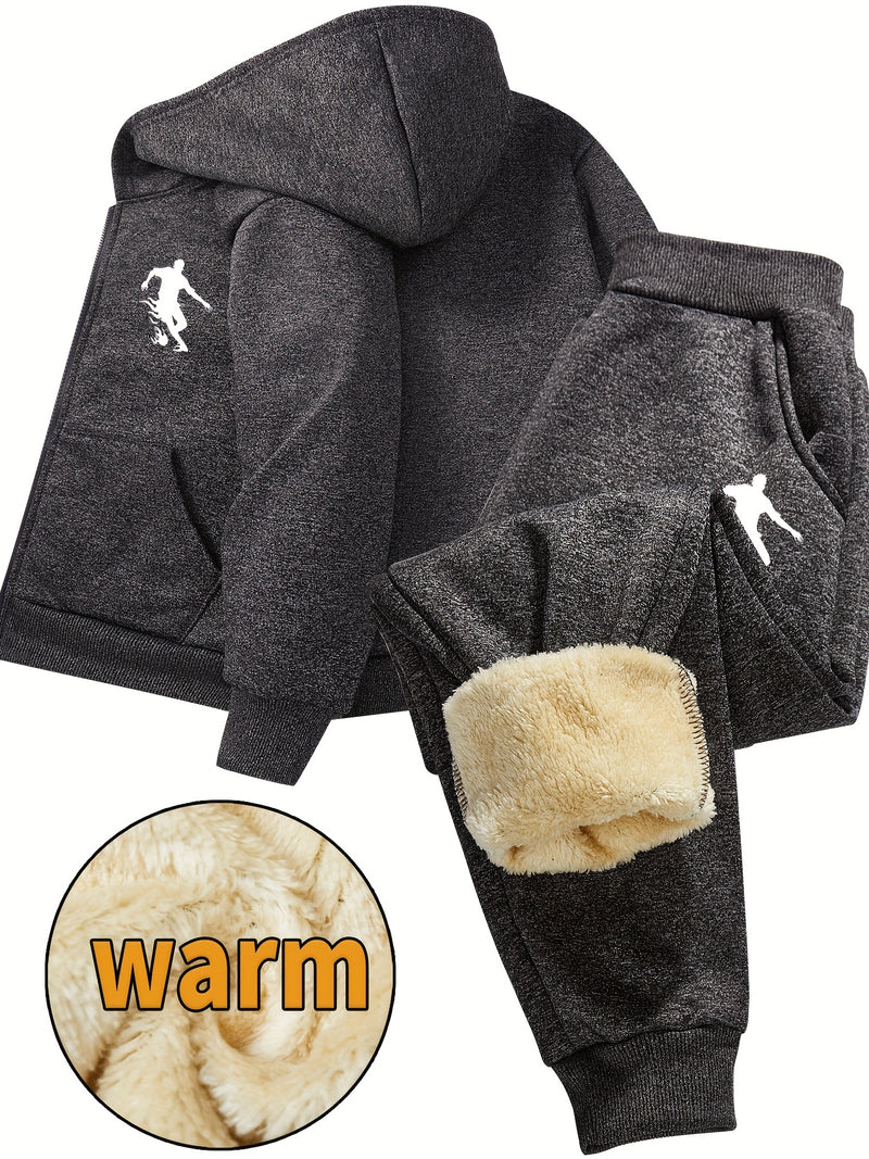 Boys Thick Plush-Lined Zip-Up Jacket + Pants Set.
