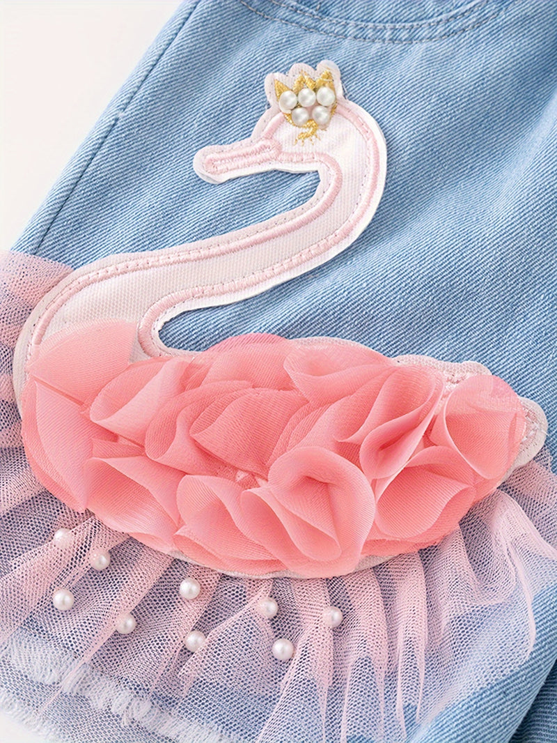 New Girls' Embroidered Swan Denim Shorts, Versatile Outerwear Pants for Girls.