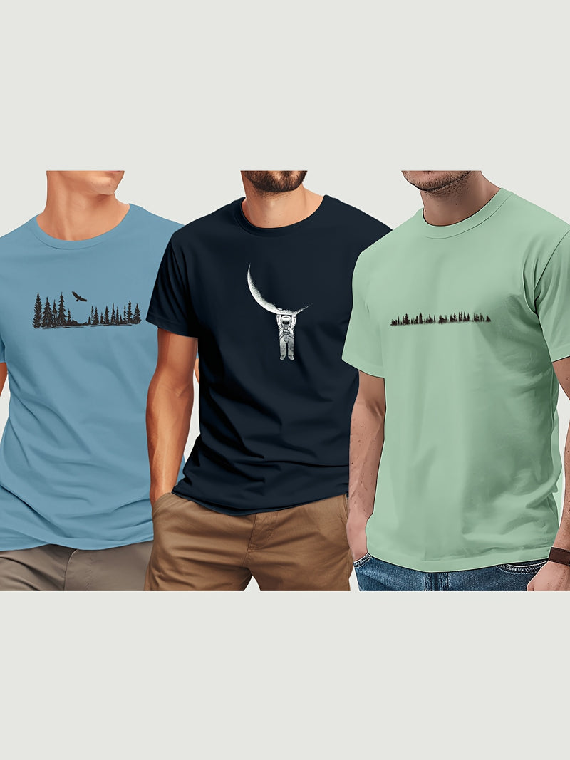 3pcs Men's Short Sleeve Print T-Shirt.